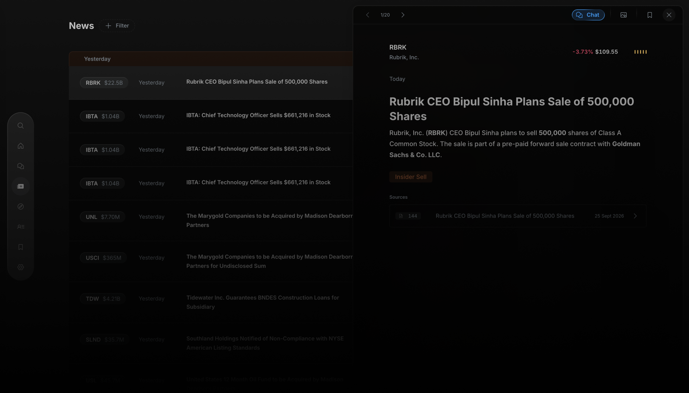 Insighthread News with a Rubrik story open: CEO Bipul Sinha plans to sell 500,000 shares under a pre-paid forward contract with Goldman Sachs, tagged Insider Sell
