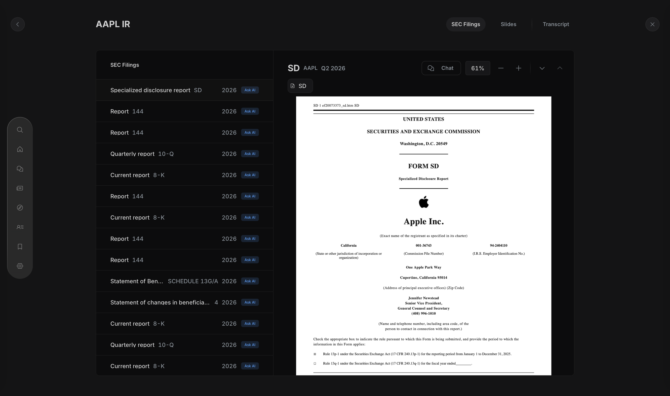 AAPL SEC filings list with a filing open in the document viewer