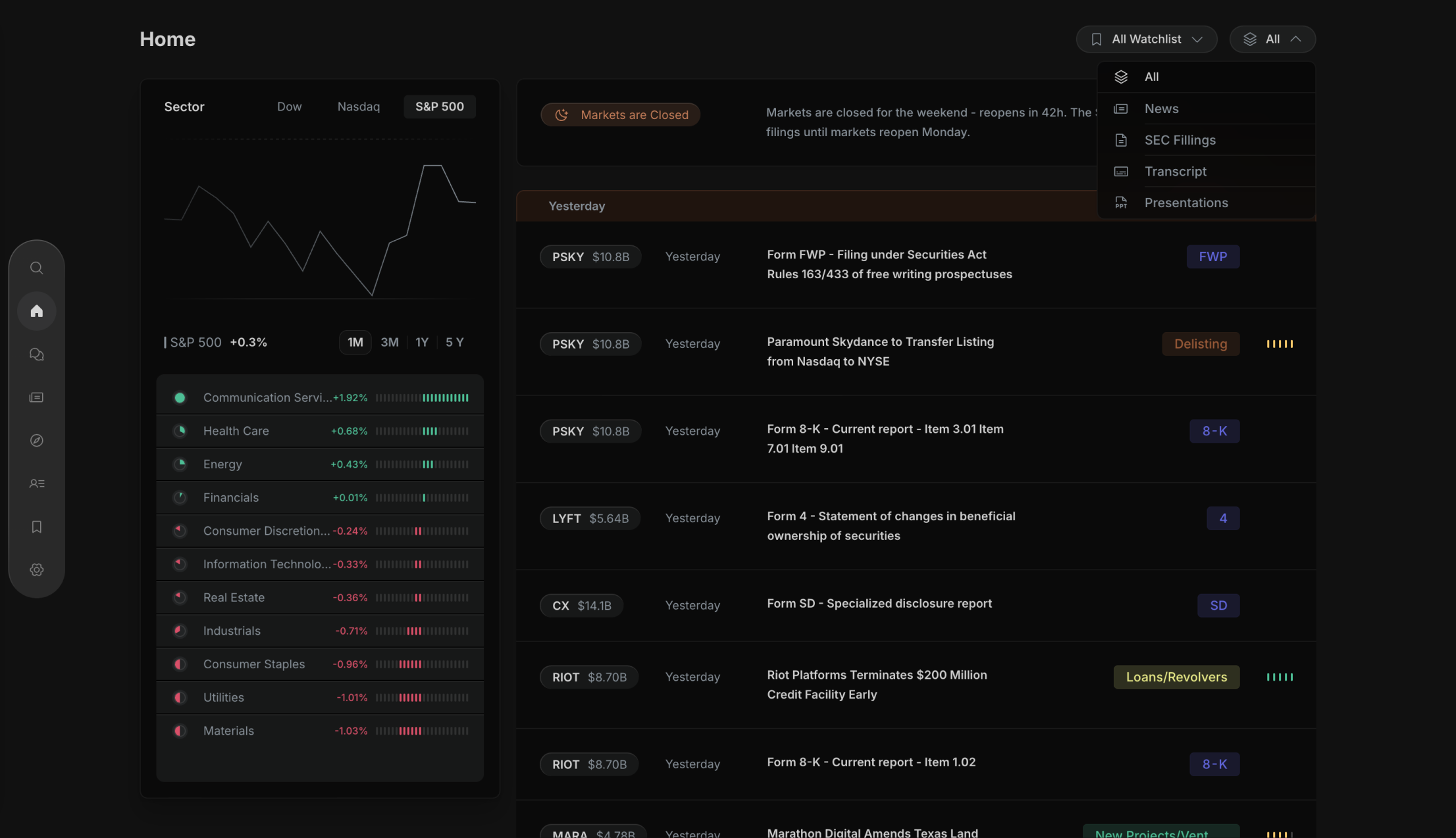 Home feed filtered by content type: news, SEC filings, transcripts or presentations