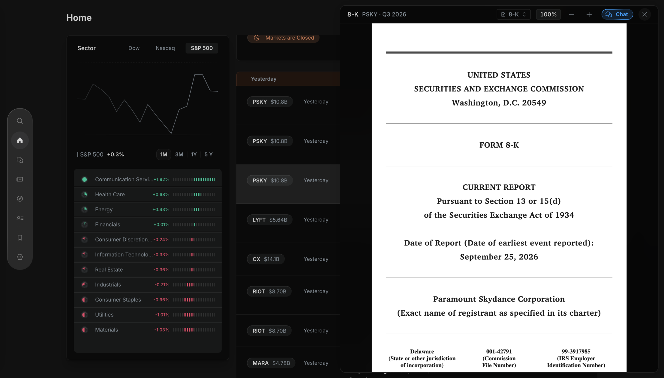 Paramount Skydance's 8-K filing open in the document viewer over the home feed