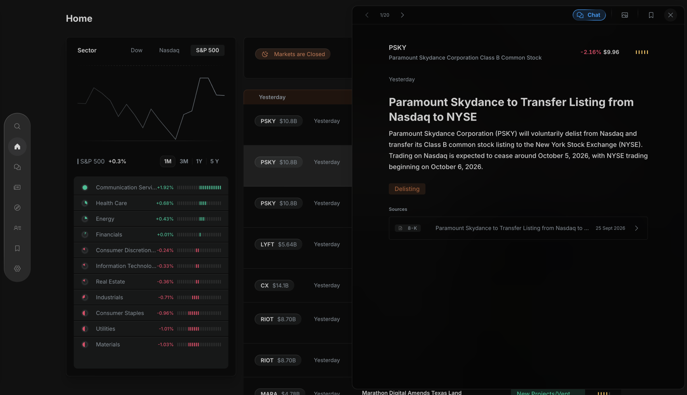 A news story open over the home feed: Paramount Skydance to transfer its listing from Nasdaq to NYSE, tagged Delisting, with its 8-K source