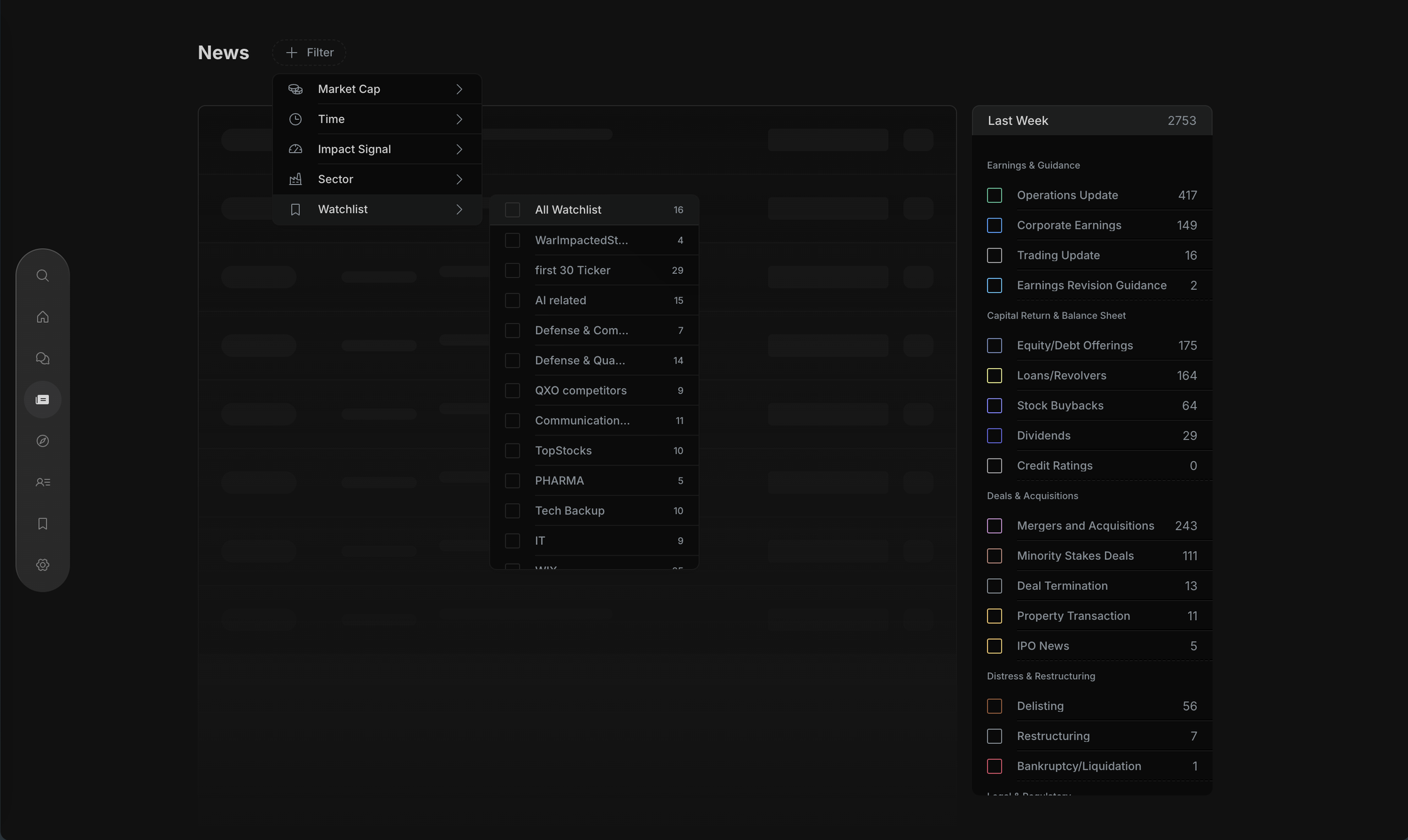 Filter menu open on Watchlist, listing saved watchlists like AI related, QXO competitors and PHARMA with their ticker counts