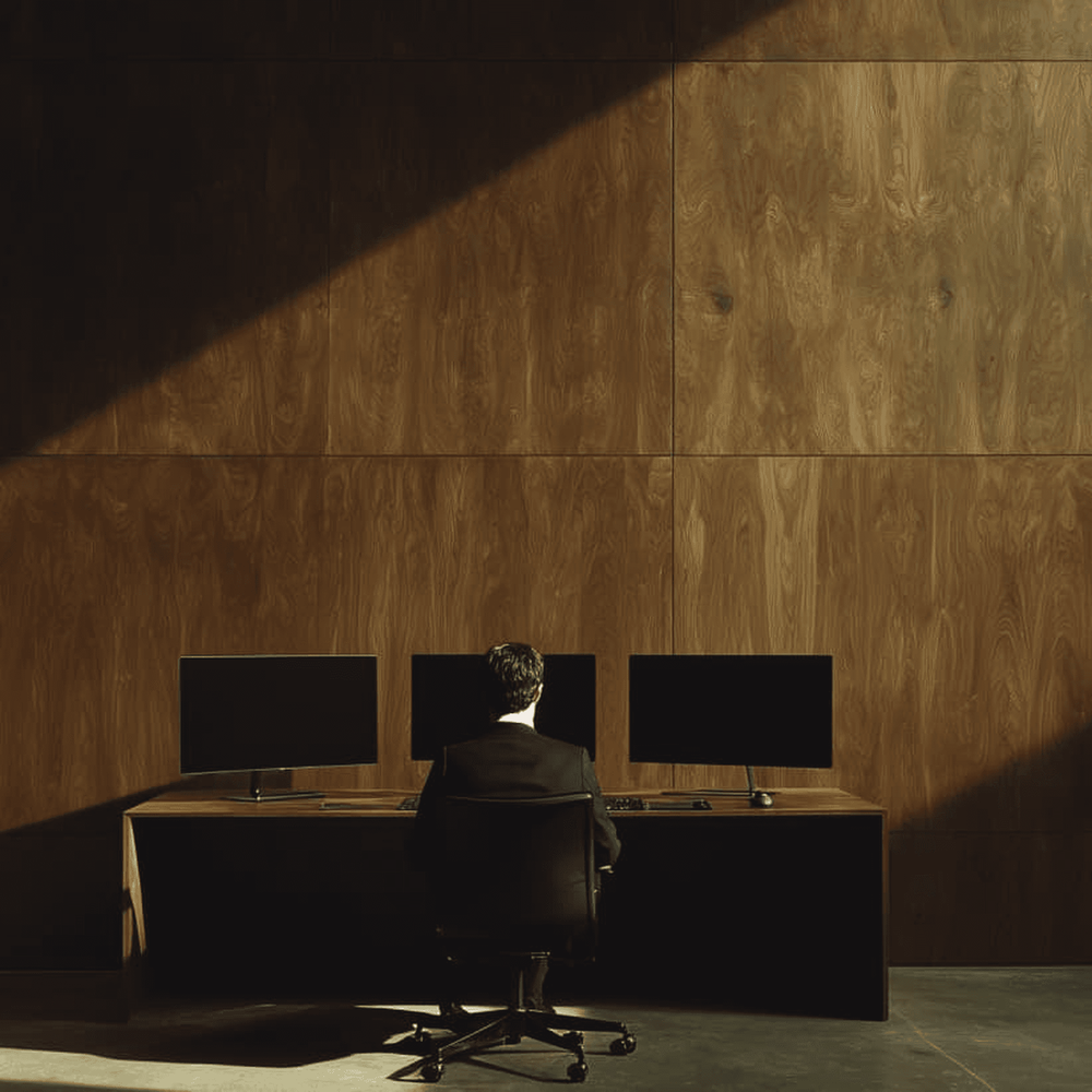 Analyst at a desk with three monitors in a wood-panelled room