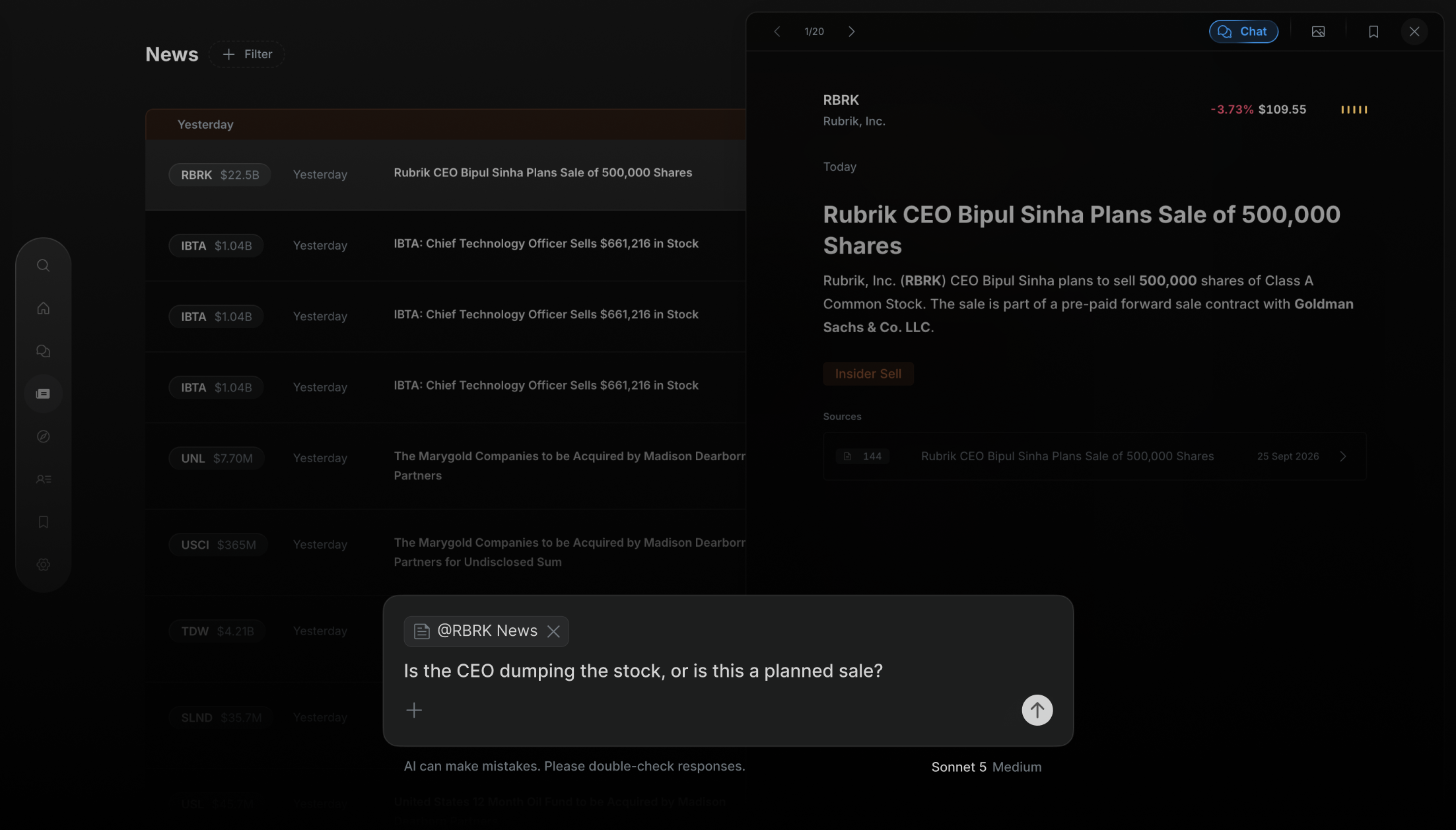 AI analyst chat over a Rubrik insider-sale news story, asking about @RBRK News: “Is the CEO dumping the stock, or is this a planned sale?”