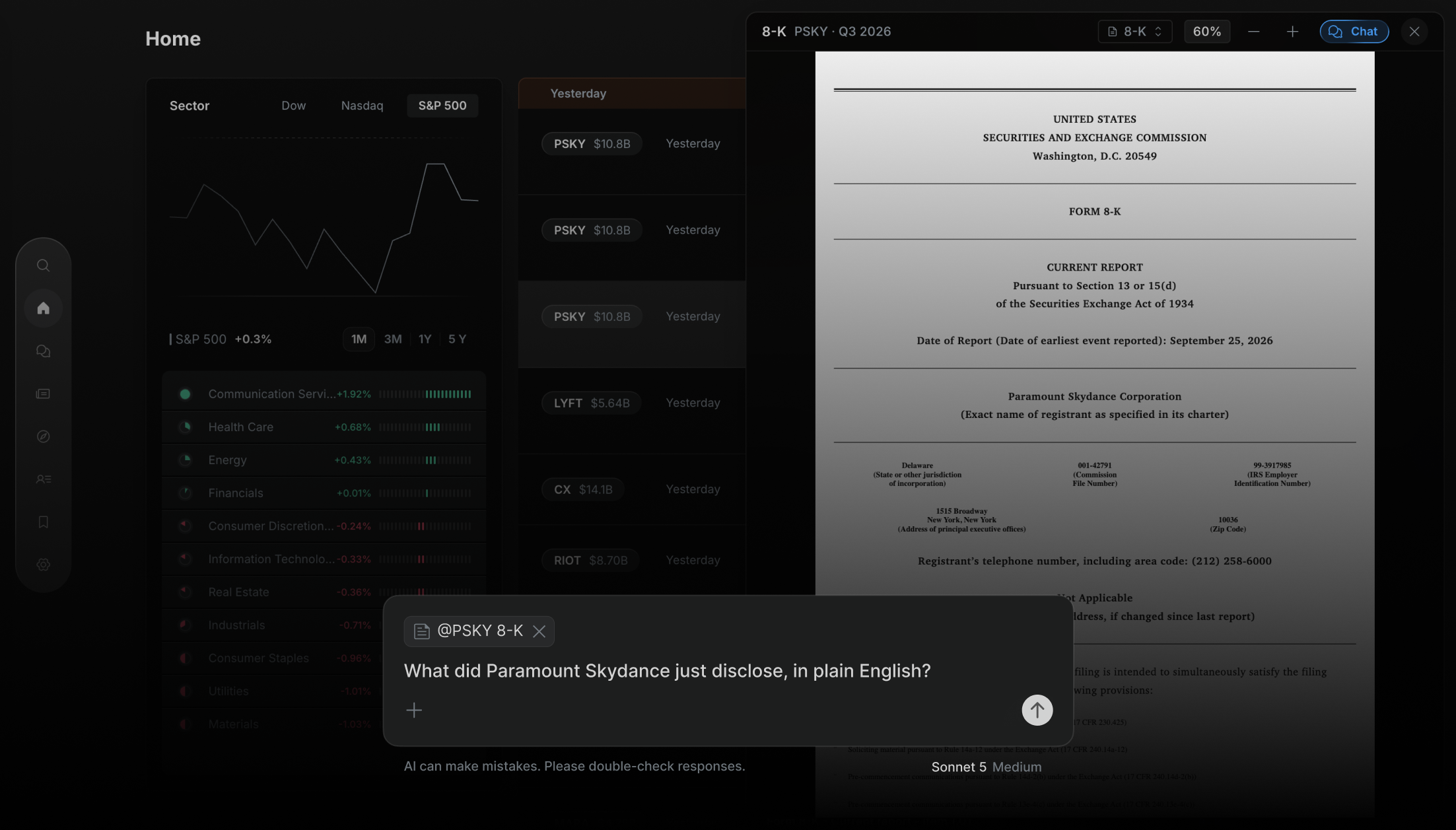 Paramount Skydance 8-K open beside the home feed, and the AI chat asking about @PSKY 8-K: “What did Paramount Skydance just disclose, in plain English?”