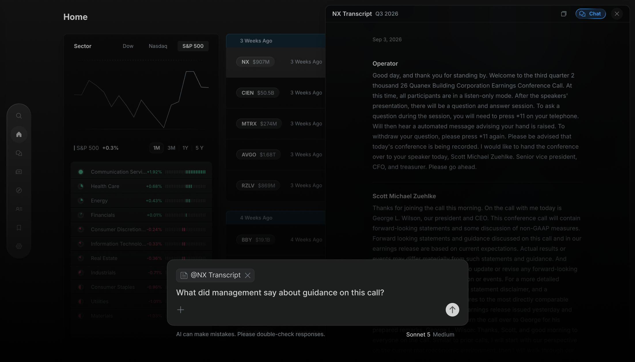 Quanex Q3 2026 earnings call transcript open, and the AI chat asking about @NX Transcript: “What did management say about guidance on this call?”