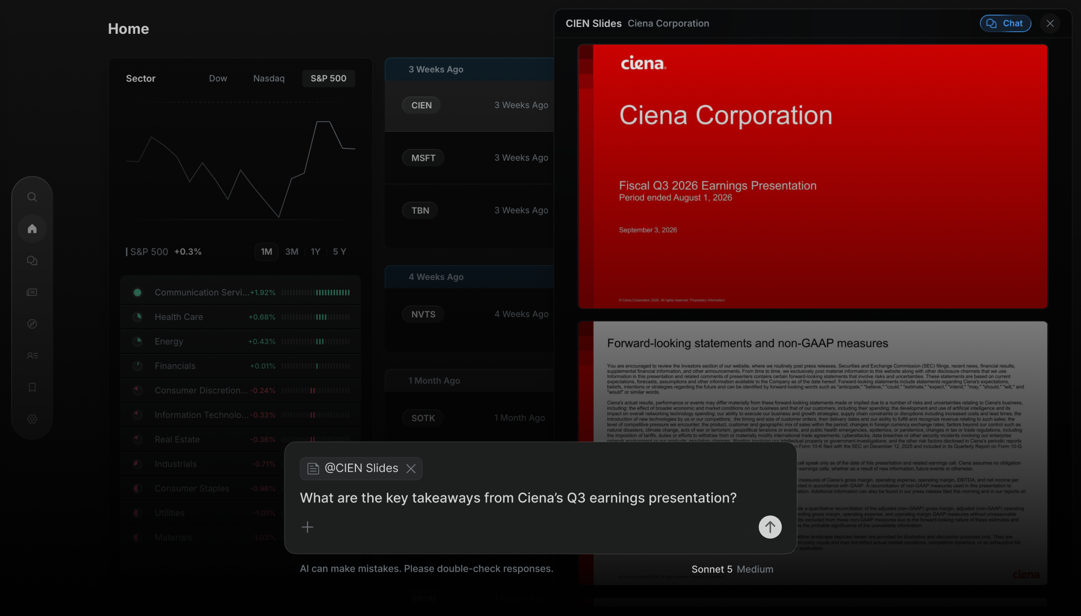 Ciena Q3 2026 earnings presentation open, and the AI chat asking about @CIEN Slides: “What are the key takeaways from Ciena’s Q3 earnings presentation?”
