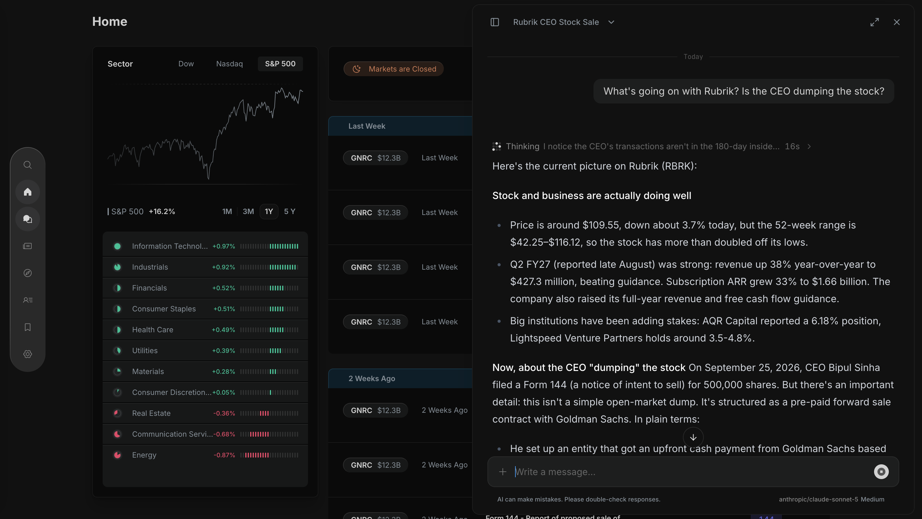 Insighthread home with the AI chat open, explaining that the Rubrik CEO's 500,000-share Form 144 is a pre-paid forward sale with Goldman Sachs, not an open-market dump