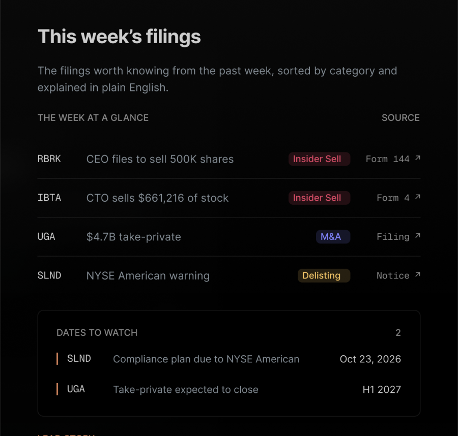 Preview of the Monday brief email: this week's filings for RBRK, IBTA, UGA and SLND, each explained in plain English with a link to its source, plus dates to watch