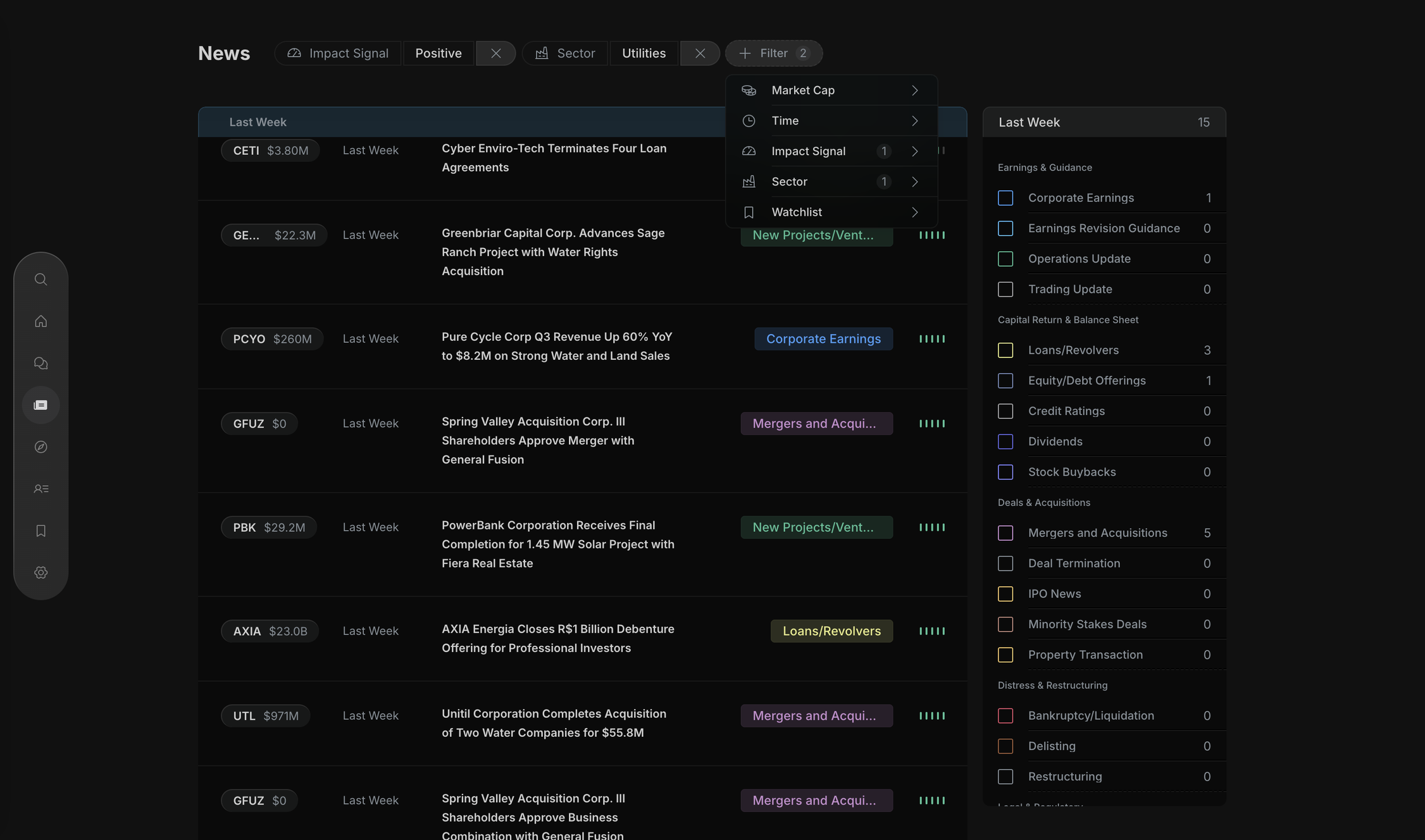 News feed of SEC-filing stories filtered to positive impact in Utilities, each tagged with its event type