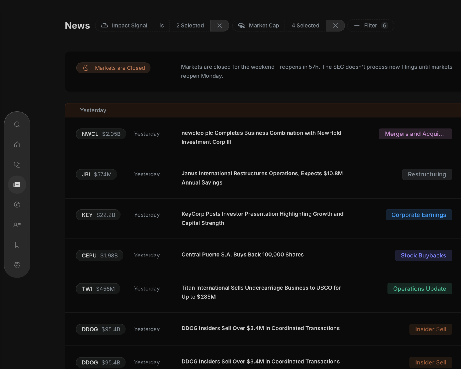 Insighthread News feed turning SEC filings into tagged headlines such as mergers, restructurings, earnings and buybacks