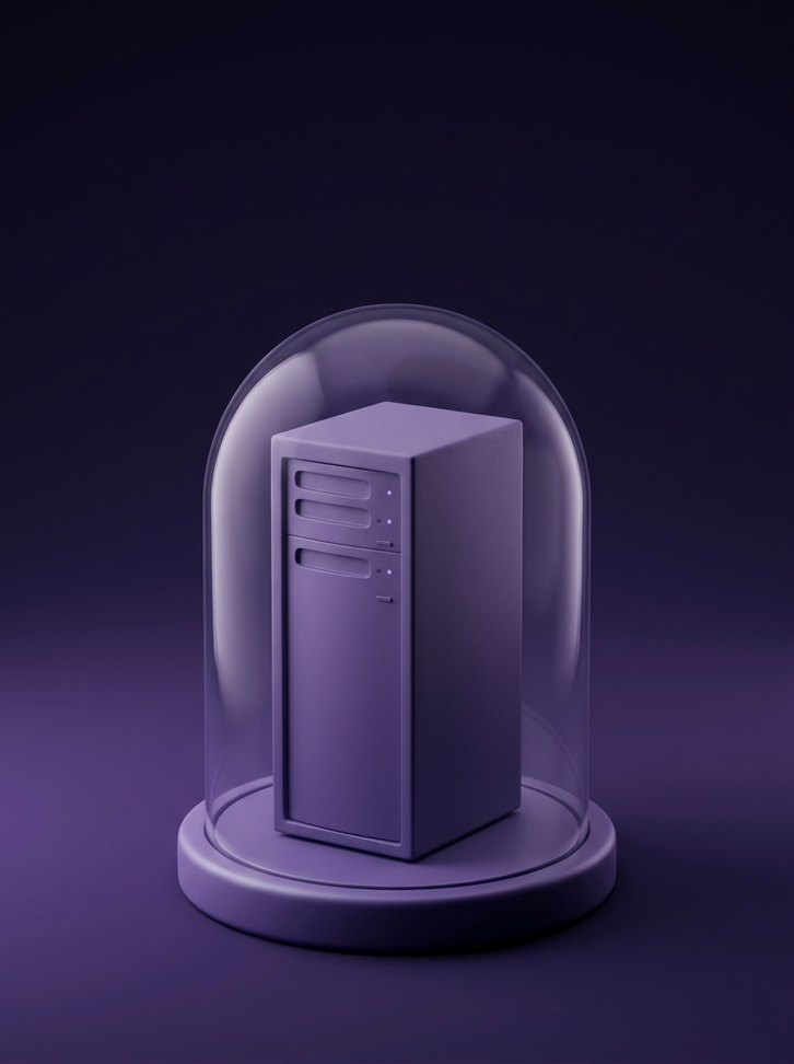 Clay server rack under a glass dome on a dark purple background