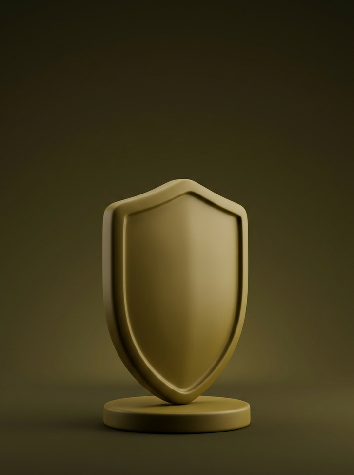 Gold clay shield on a round stand against a dark olive background