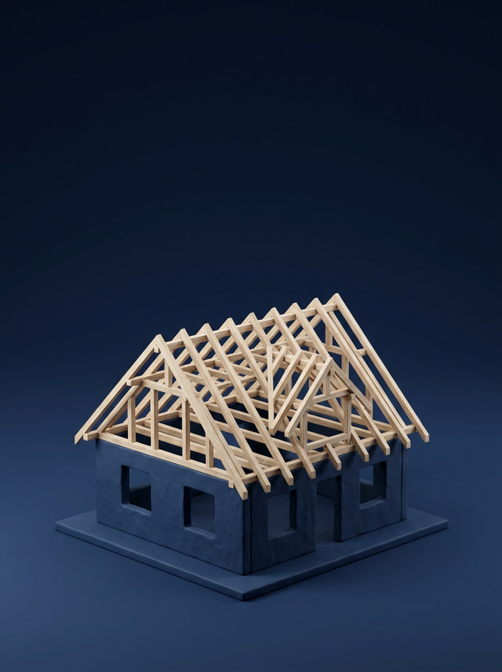 Clay house with an unfinished wooden roof frame on a dark blue background