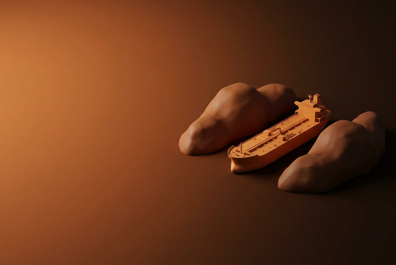 Clay oil tanker passing between two clay rock formations on a dark amber background