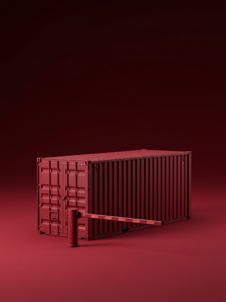 Red clay shipping container stopped at a toll gate on a dark red background