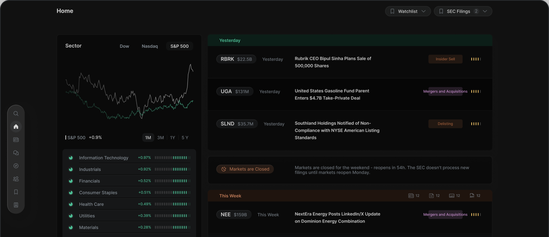 The Home screen with chart, watchlist and live feed